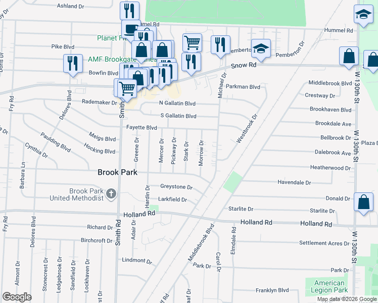 map of restaurants, bars, coffee shops, grocery stores, and more near 6046 Morrow Drive in Brook Park