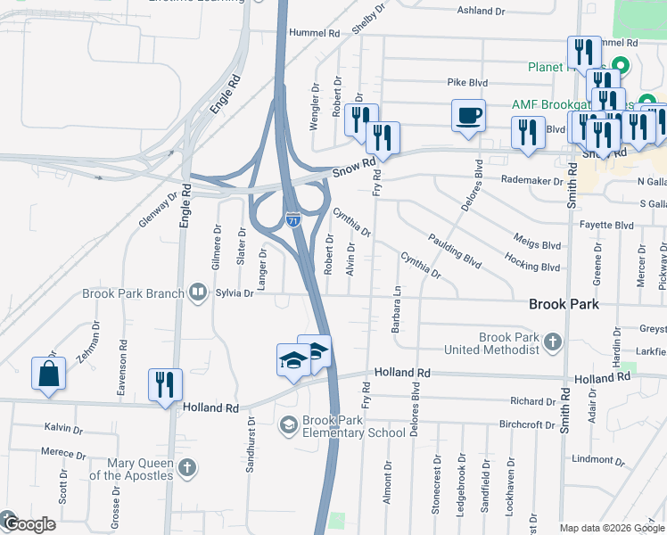 map of restaurants, bars, coffee shops, grocery stores, and more near 6064 Robert Drive in Brook Park