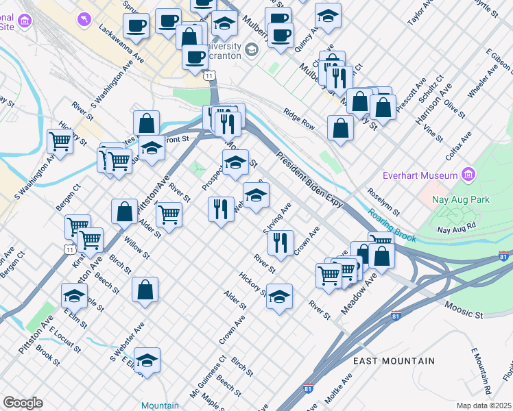 map of restaurants, bars, coffee shops, grocery stores, and more near 723 Hemlock Street in Scranton