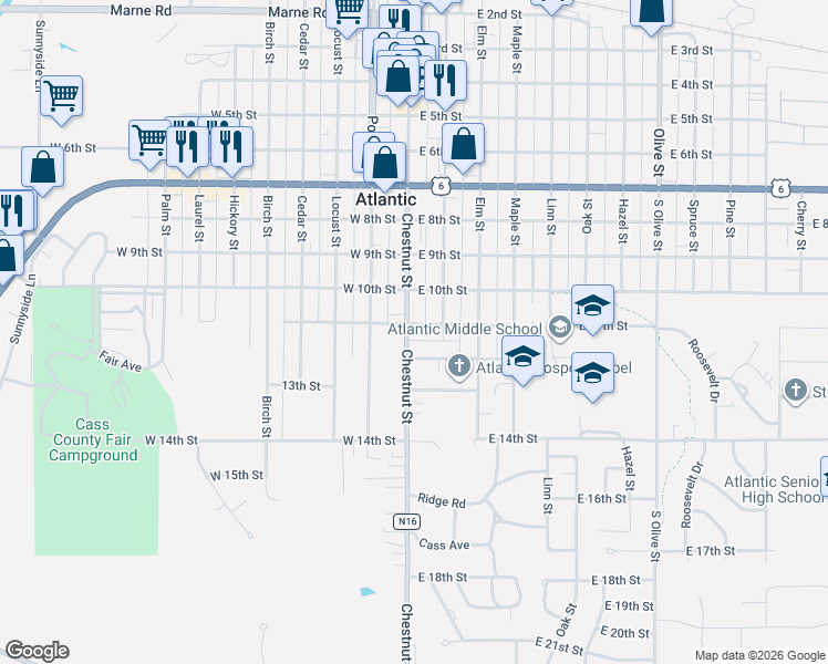 map of restaurants, bars, coffee shops, grocery stores, and more near 1010 Chestnut Street in Atlantic