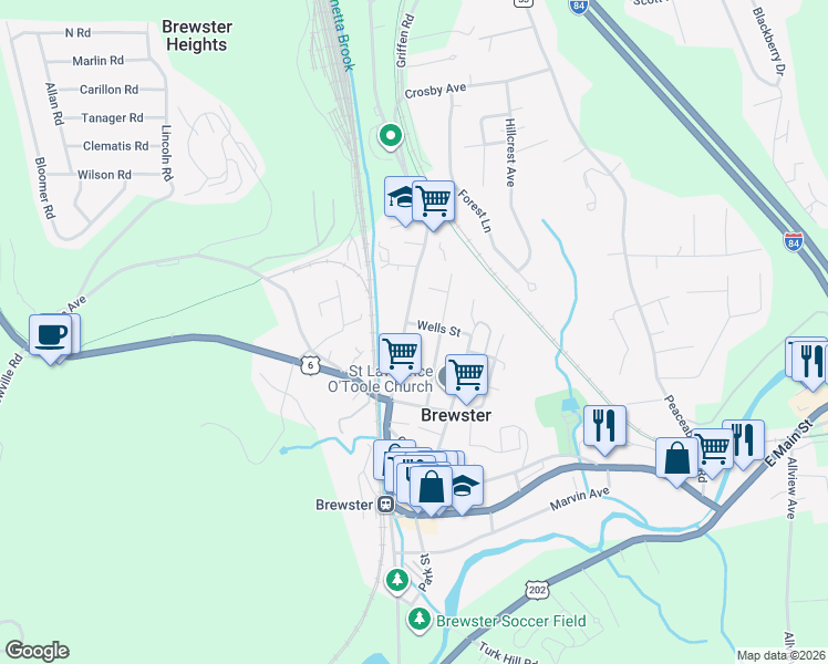 map of restaurants, bars, coffee shops, grocery stores, and more near 2 Wells Street in Brewster