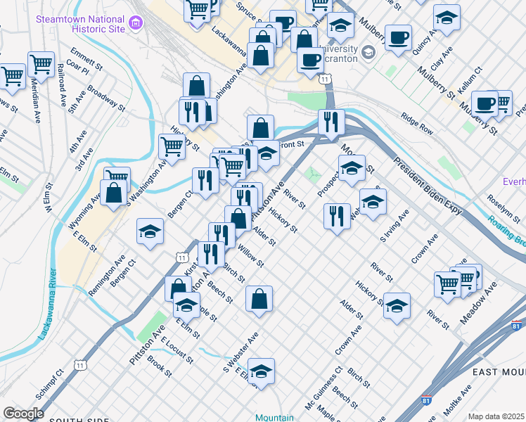 map of restaurants, bars, coffee shops, grocery stores, and more near 505 Pittston Avenue in Scranton