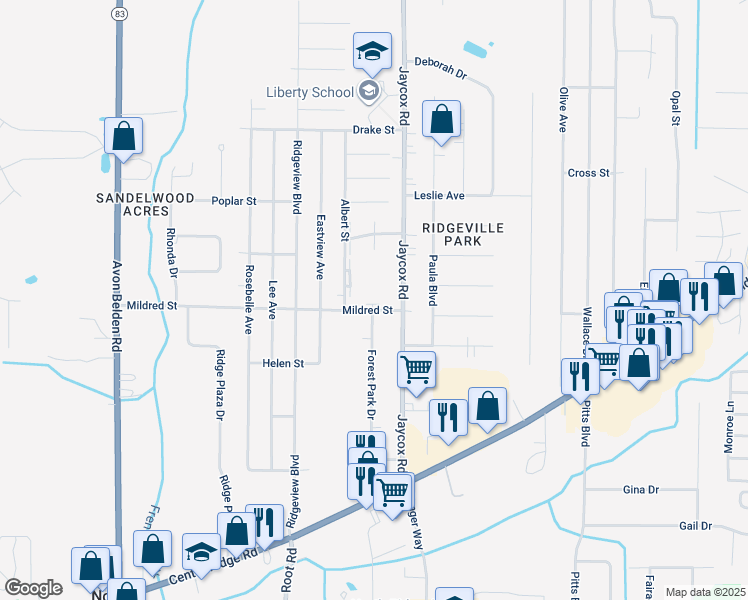 map of restaurants, bars, coffee shops, grocery stores, and more near 35140 Mildred Street in North Ridgeville
