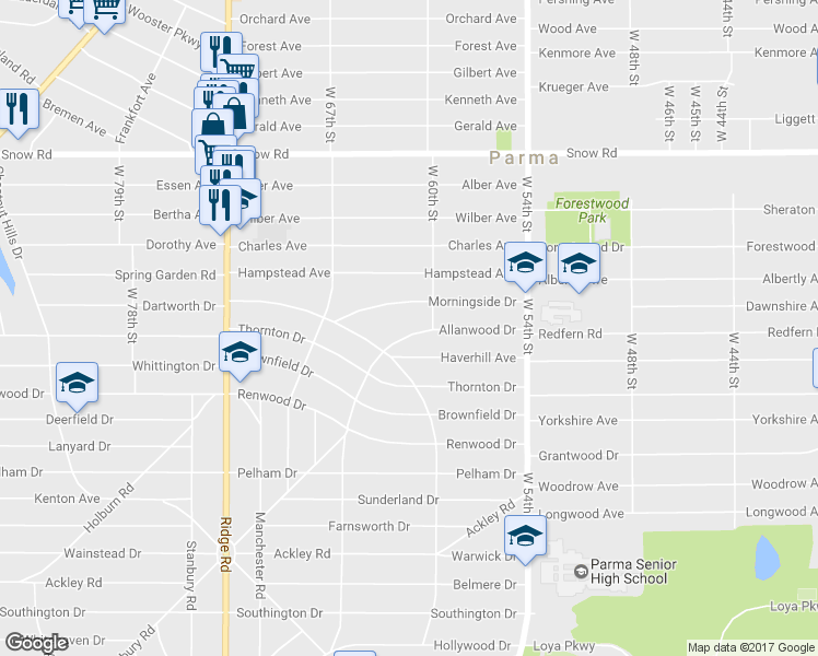 map of restaurants, bars, coffee shops, grocery stores, and more near 6104 Allanwood Drive in Cleveland