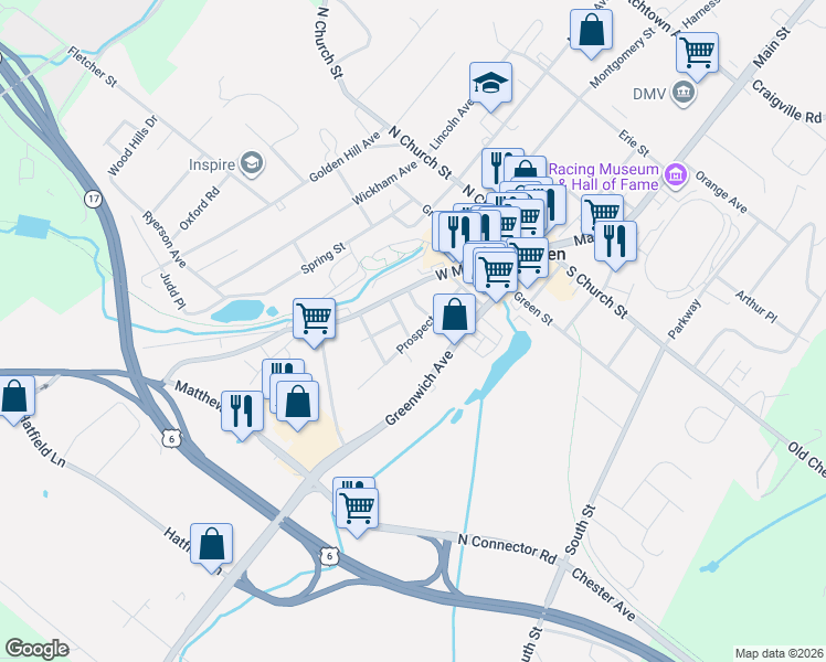 map of restaurants, bars, coffee shops, grocery stores, and more near 14 William Street in Goshen