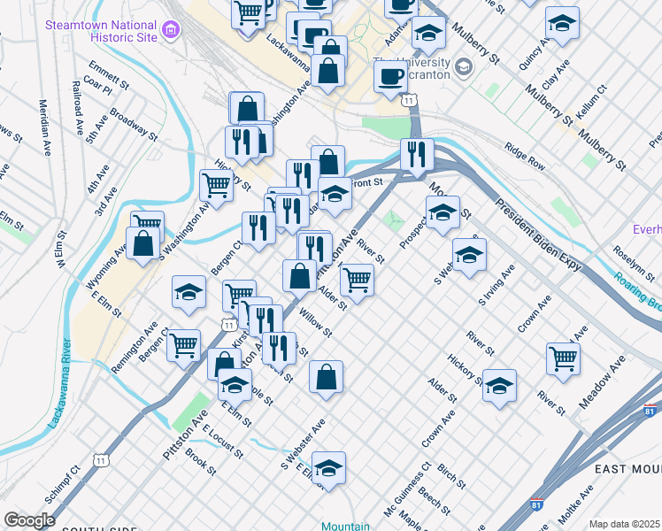 map of restaurants, bars, coffee shops, grocery stores, and more near 500 Pittston Avenue in Scranton
