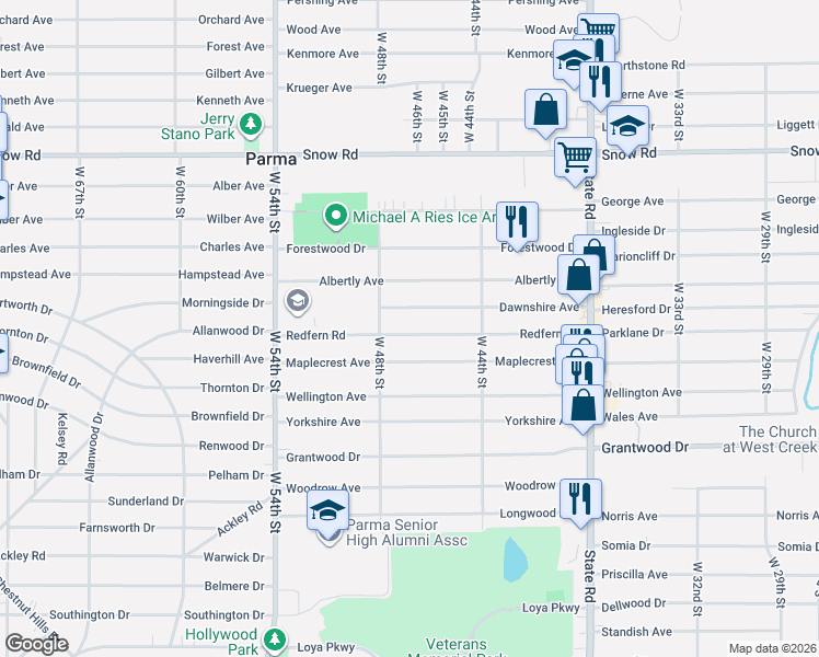 map of restaurants, bars, coffee shops, grocery stores, and more near 4526 Redfern Road in Parma