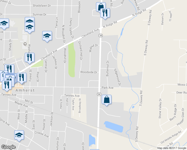 map of restaurants, bars, coffee shops, grocery stores, and more near 1180 Woodside Drive in Amherst