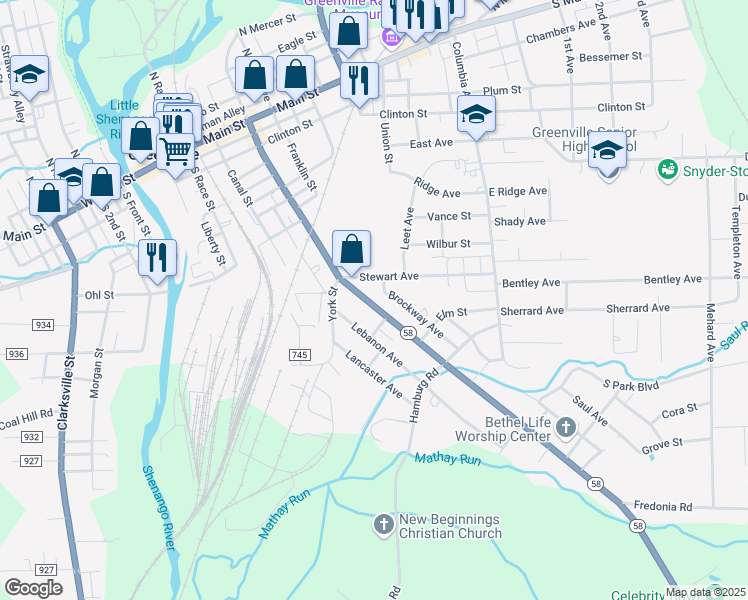 map of restaurants, bars, coffee shops, grocery stores, and more near 122 South Mercer Street in Greenville