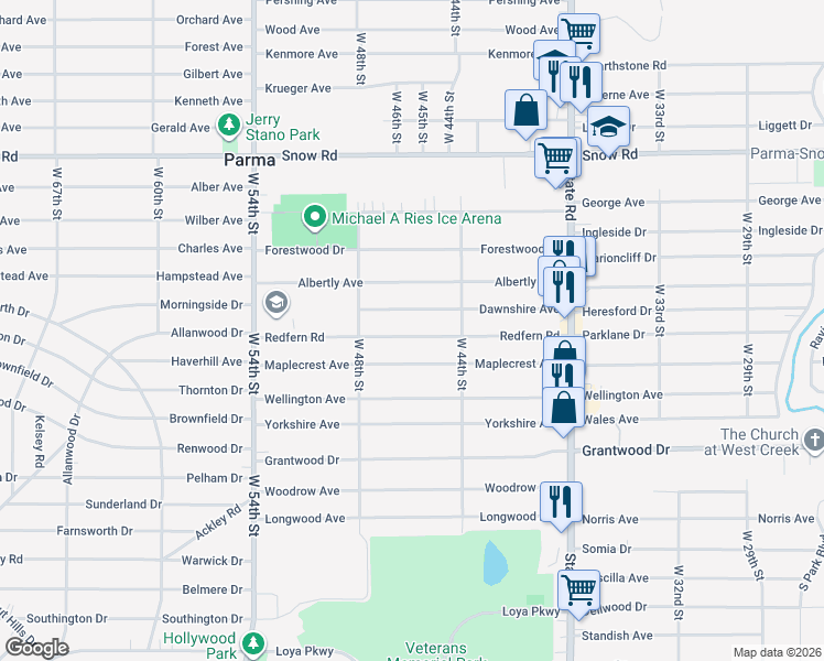 map of restaurants, bars, coffee shops, grocery stores, and more near 4514 Redfern Road in Parma