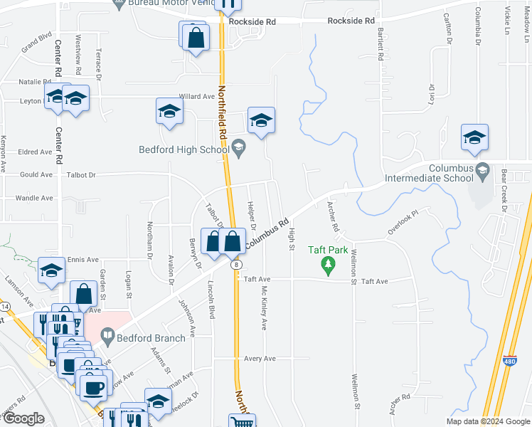 map of restaurants, bars, coffee shops, grocery stores, and more near 578 Darlington Drive in Bedford