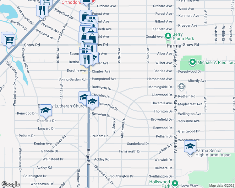 map of restaurants, bars, coffee shops, grocery stores, and more near 6703 Dartworth Drive in Parma