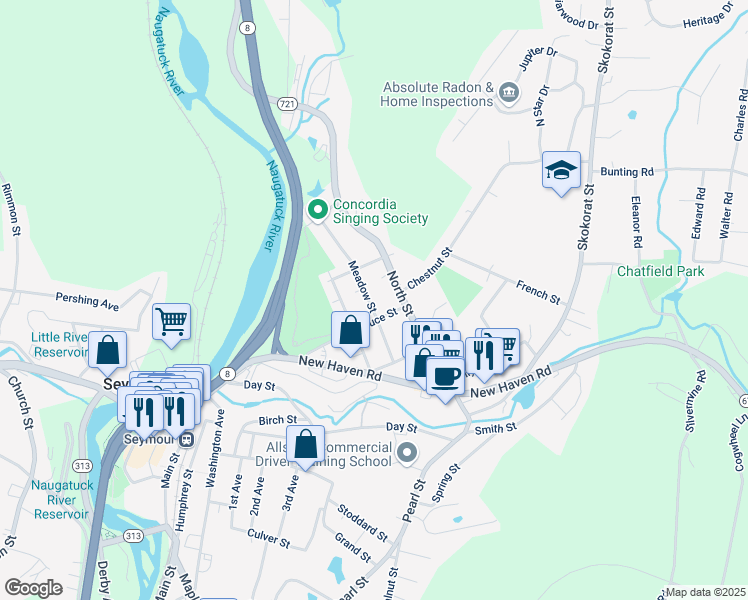 map of restaurants, bars, coffee shops, grocery stores, and more near 79 Meadow Street in Seymour