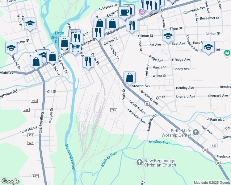 map of restaurants, bars, coffee shops, grocery stores, and more near 8 Park Avenue in Greenville