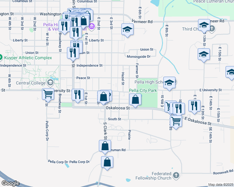 map of restaurants, bars, coffee shops, grocery stores, and more near 309 University Street in Pella