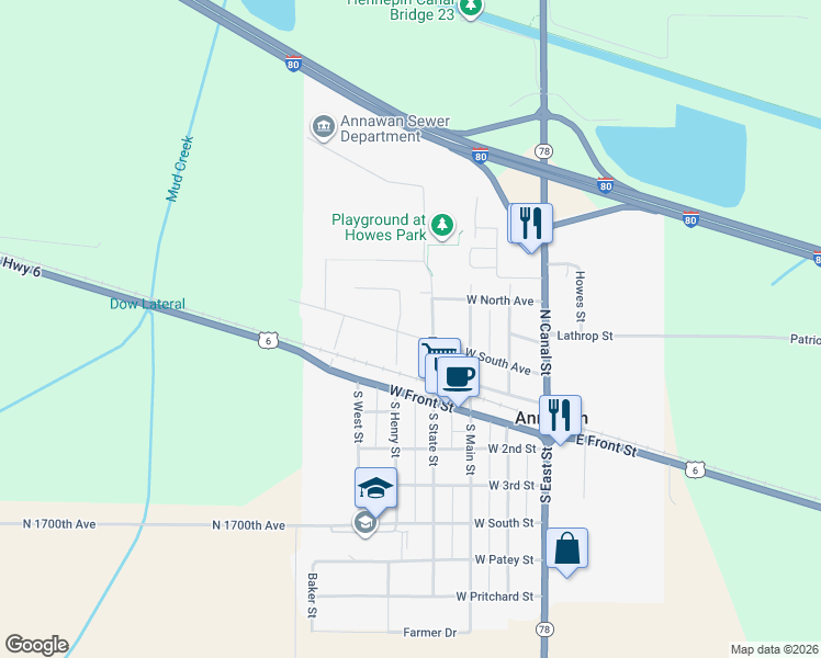 map of restaurants, bars, coffee shops, grocery stores, and more near 406 West South Avenue in Annawan