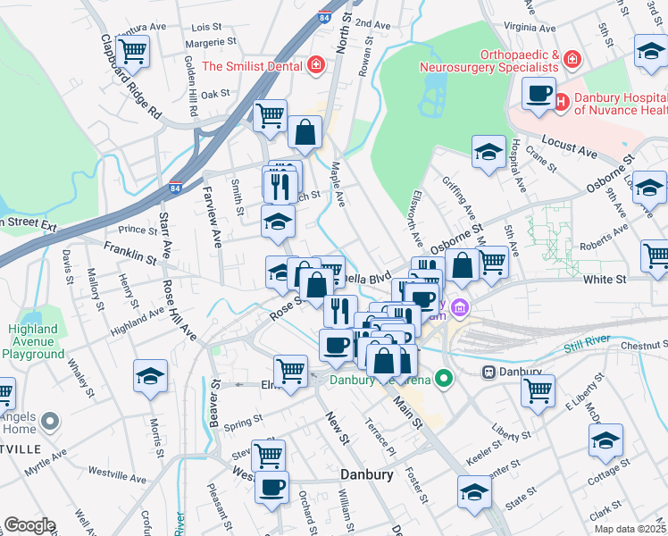 map of restaurants, bars, coffee shops, grocery stores, and more near 16 East Franklin Street in Danbury