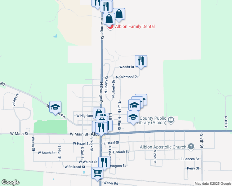 map of restaurants, bars, coffee shops, grocery stores, and more near 508 North Liberty Drive in Albion