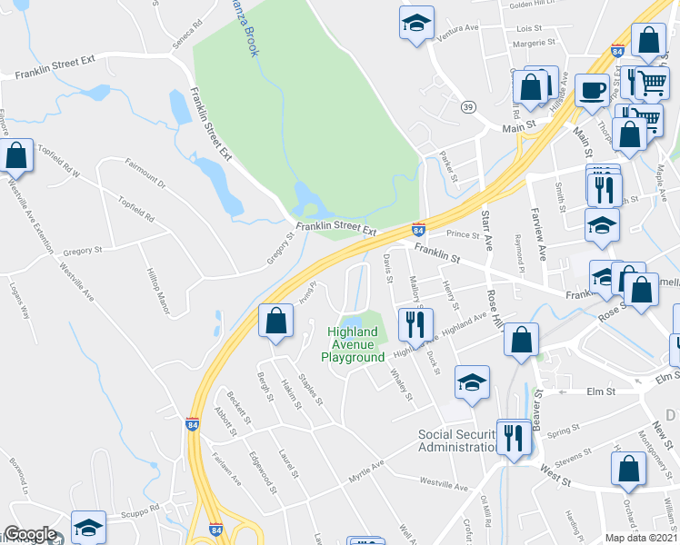 map of restaurants, bars, coffee shops, grocery stores, and more near 44 Sleepy Hollow Drive in Danbury