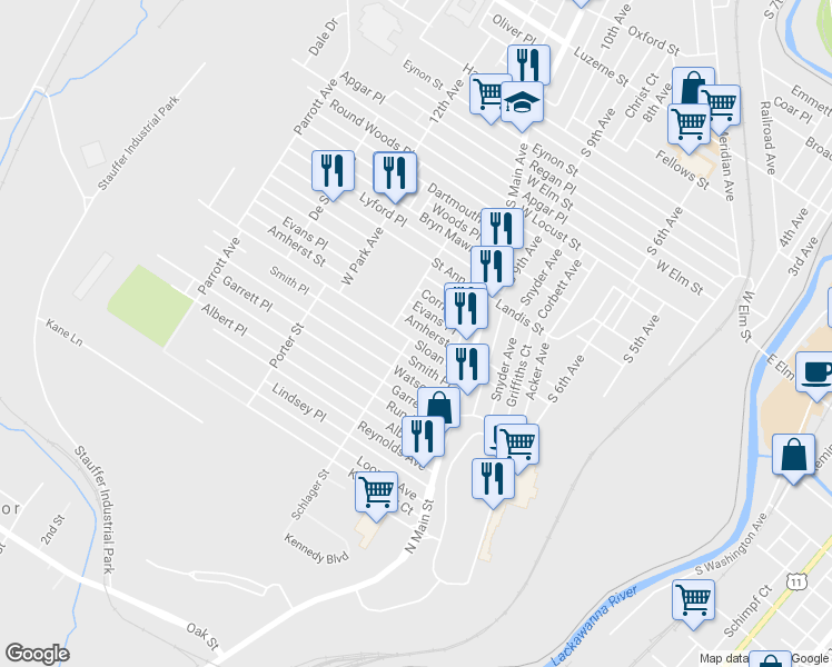 map of restaurants, bars, coffee shops, grocery stores, and more near 1147 Amherst St in Scranton