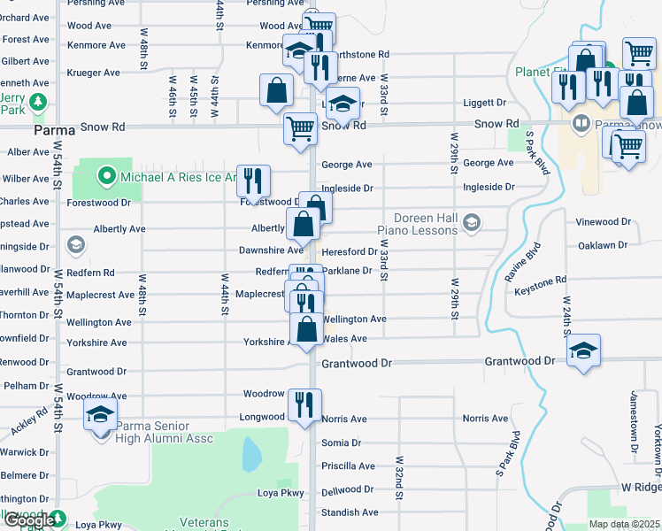 map of restaurants, bars, coffee shops, grocery stores, and more near 3438 Parklane Dr in Parma
