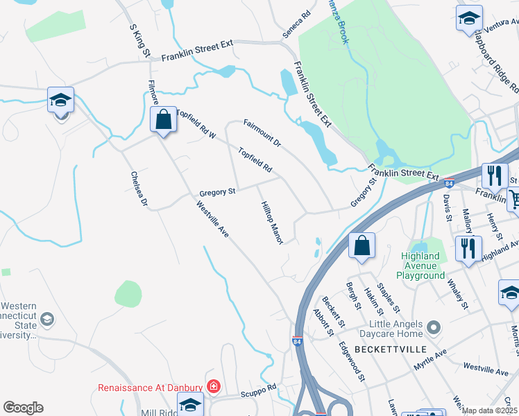map of restaurants, bars, coffee shops, grocery stores, and more near 28 Hilltop Manor in Danbury