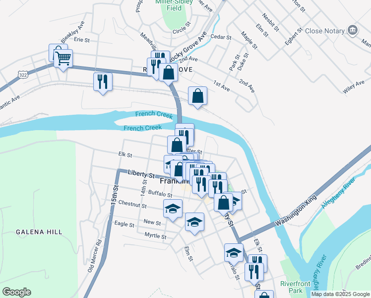 map of restaurants, bars, coffee shops, grocery stores, and more near 1276 Otter Street in Franklin