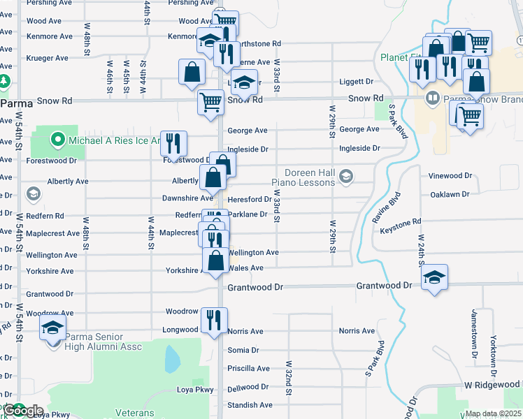 map of restaurants, bars, coffee shops, grocery stores, and more near 3324 Parklane Drive in Parma