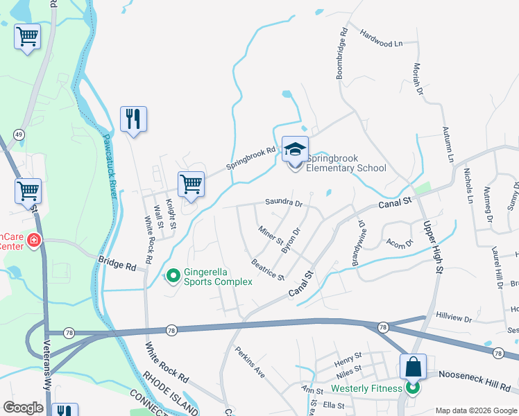 map of restaurants, bars, coffee shops, grocery stores, and more near 22 Saundra Drive in Westerly