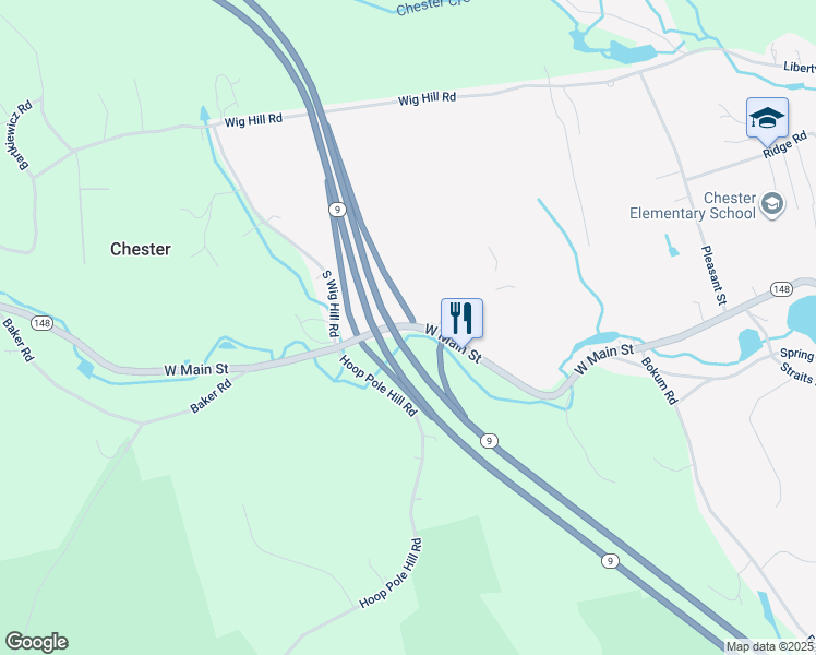 map of restaurants, bars, coffee shops, grocery stores, and more near 129 West Main Street in Chester