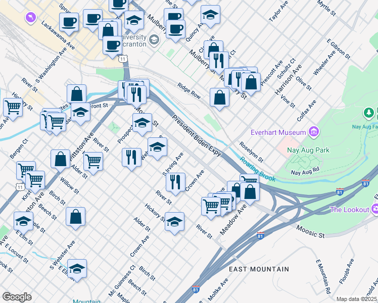 map of restaurants, bars, coffee shops, grocery stores, and more near 106 South Irving Avenue in Scranton