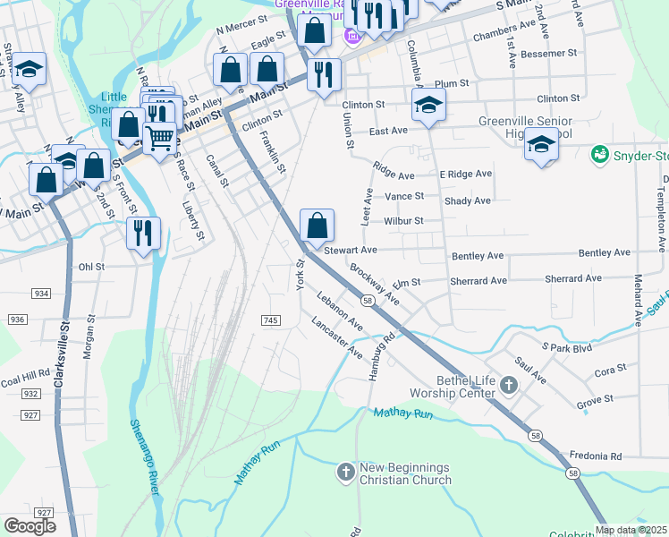 map of restaurants, bars, coffee shops, grocery stores, and more near 122 South Mercer Street in Greenville