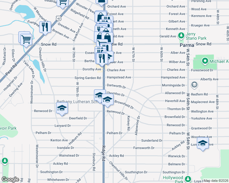 map of restaurants, bars, coffee shops, grocery stores, and more near 7110 Thornton Drive in Parma