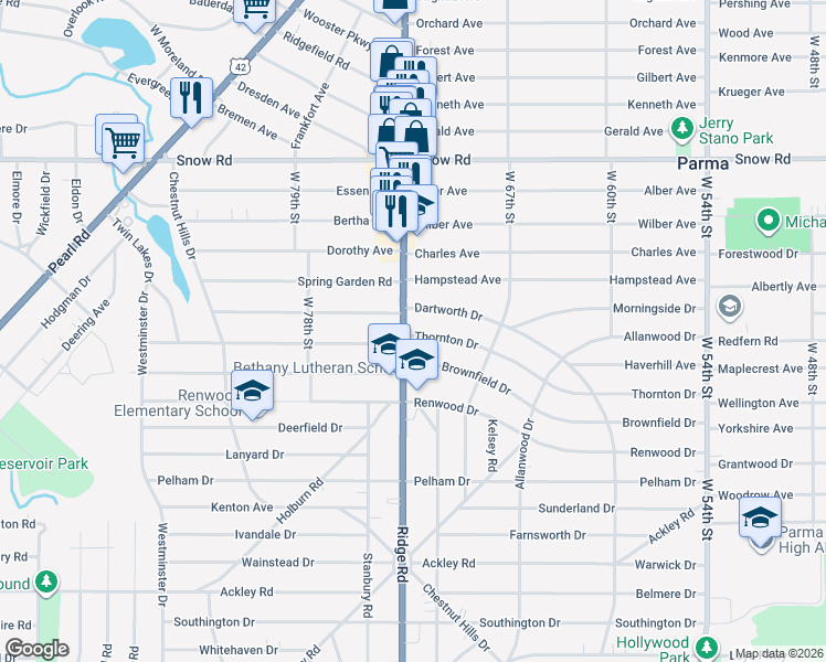 map of restaurants, bars, coffee shops, grocery stores, and more near 7110 Thornton Drive in Parma