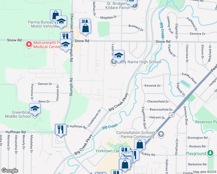map of restaurants, bars, coffee shops, grocery stores, and more near 10980 Vicksburg Drive in Parma Heights