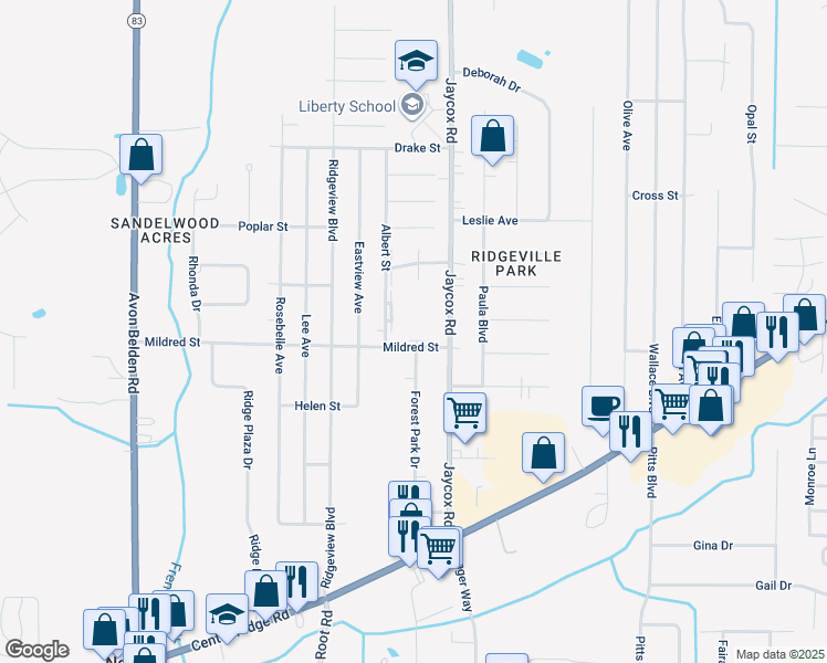 map of restaurants, bars, coffee shops, grocery stores, and more near 35140 Mildred Street in North Ridgeville