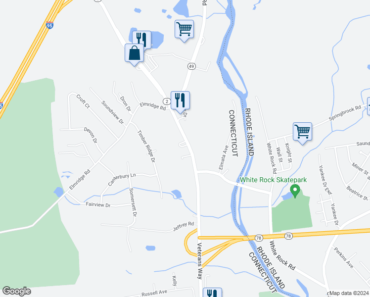 map of restaurants, bars, coffee shops, grocery stores, and more near 376 Liberty Street in Stonington