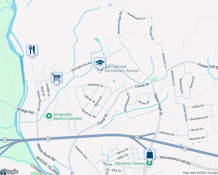 map of restaurants, bars, coffee shops, grocery stores, and more near 5 Saundra Drive in Westerly