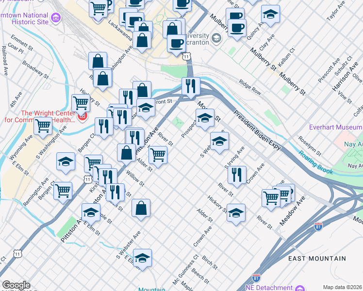 map of restaurants, bars, coffee shops, grocery stores, and more near 332 Prospect Avenue in Scranton