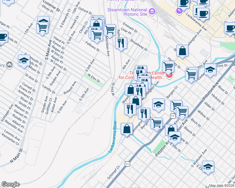 map of restaurants, bars, coffee shops, grocery stores, and more near 607 3rd Ave in Scranton