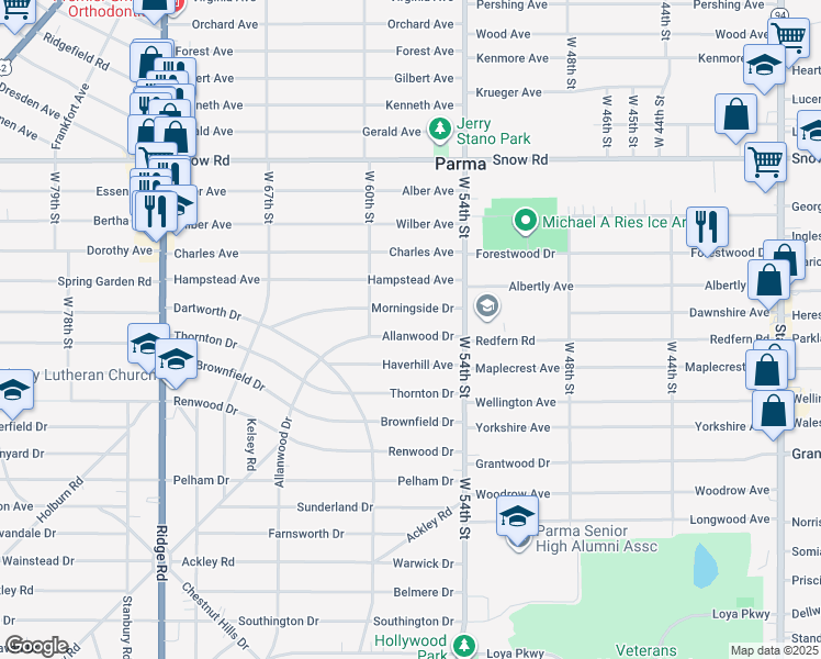 map of restaurants, bars, coffee shops, grocery stores, and more near 5702 Allanwood Drive in Cleveland