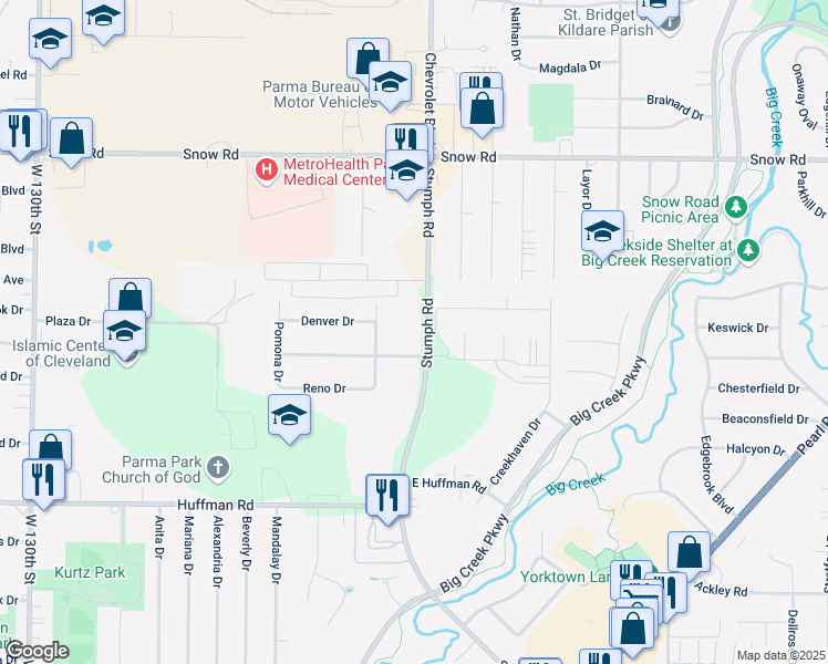map of restaurants, bars, coffee shops, grocery stores, and more near 6000 Stumph Road in Parma