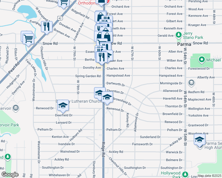 map of restaurants, bars, coffee shops, grocery stores, and more near 7110 Thornton Drive in Parma