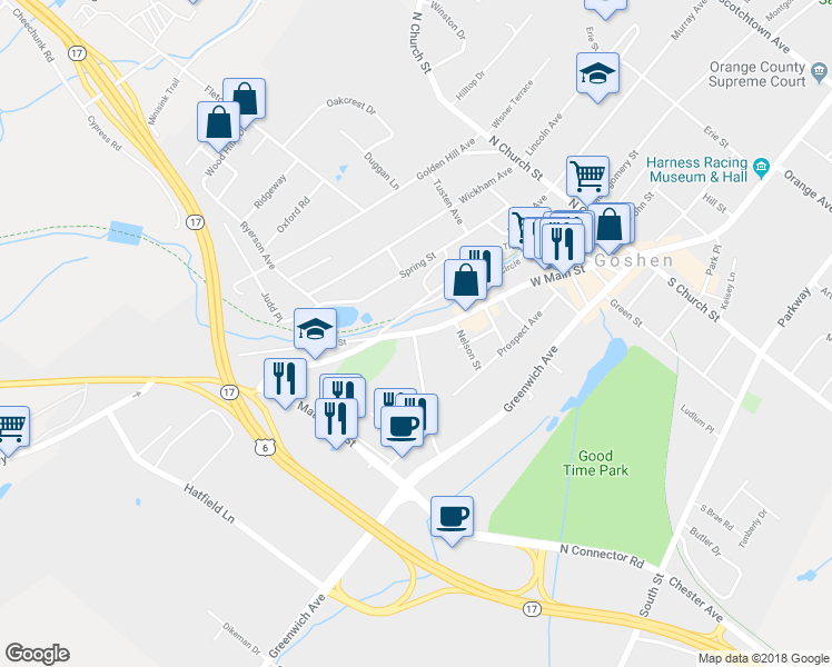 map of restaurants, bars, coffee shops, grocery stores, and more near 295 West Main Street in Goshen