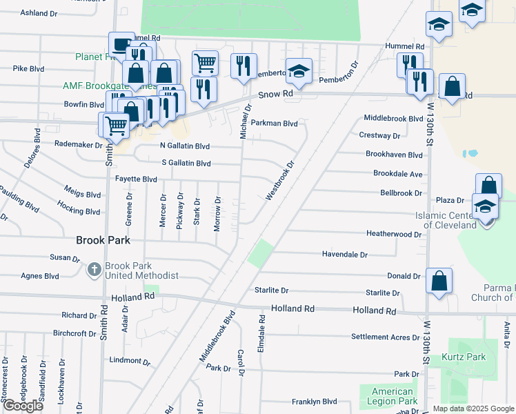 map of restaurants, bars, coffee shops, grocery stores, and more near 6044 Westbrook Drive in Brook Park