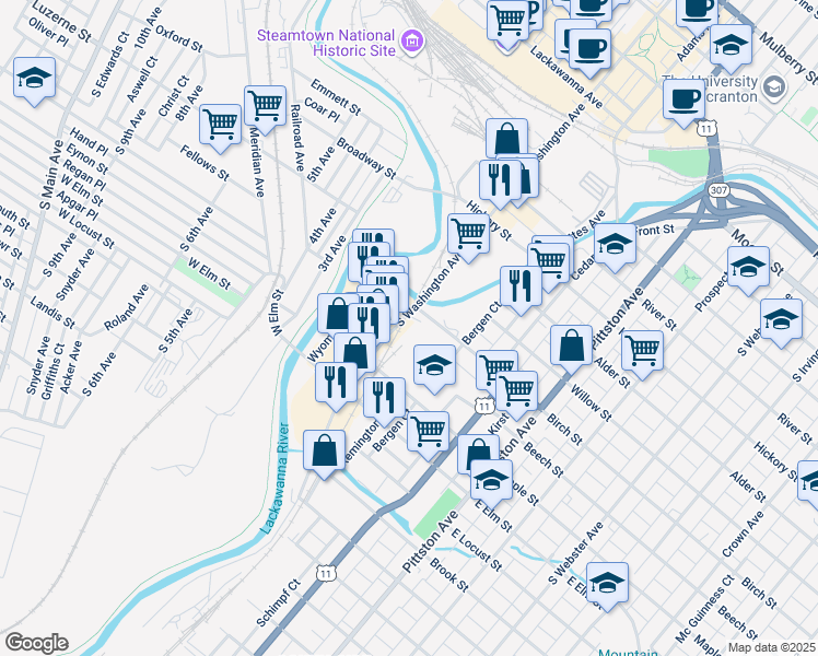 map of restaurants, bars, coffee shops, grocery stores, and more near 811 South Washington Avenue in Scranton