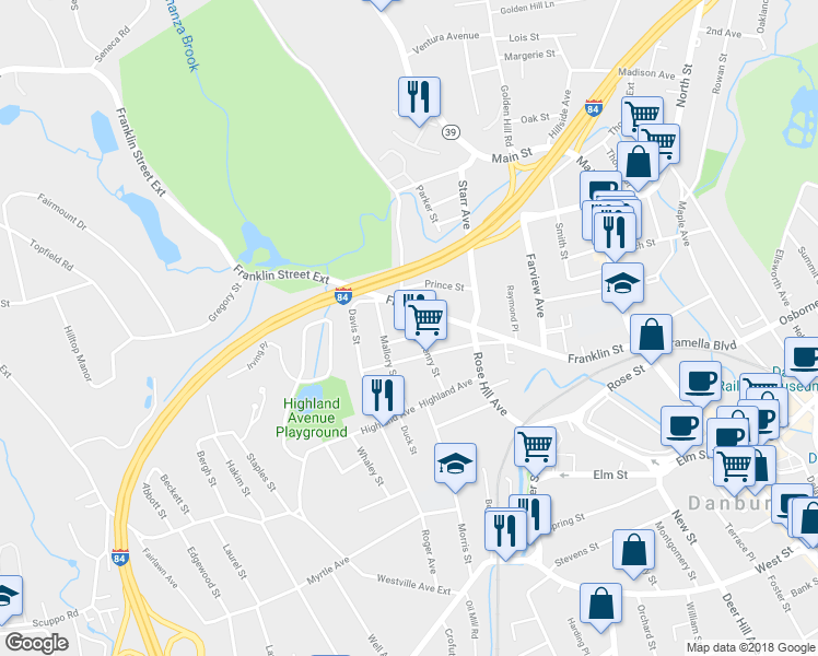 map of restaurants, bars, coffee shops, grocery stores, and more near 24 Henry Street in Danbury