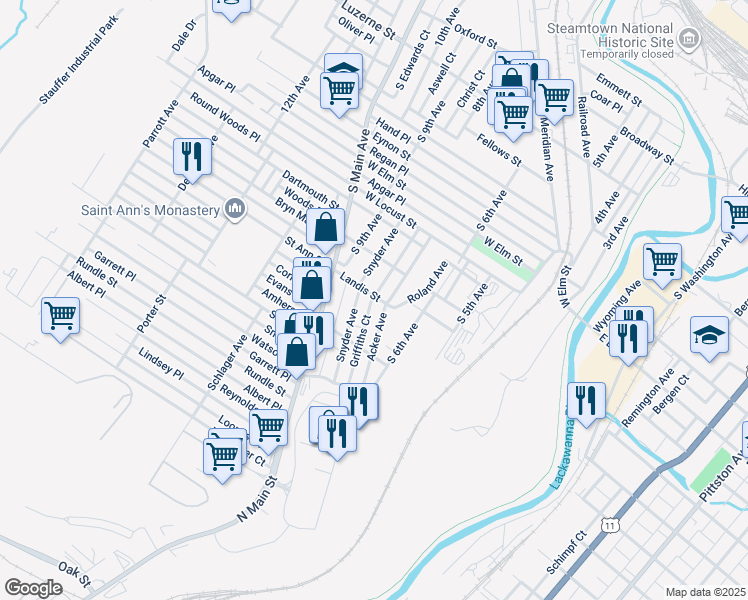 map of restaurants, bars, coffee shops, grocery stores, and more near 711 Landis Street in Scranton
