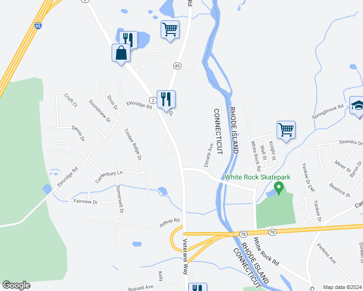 map of restaurants, bars, coffee shops, grocery stores, and more near 375 Liberty Street in Stonington