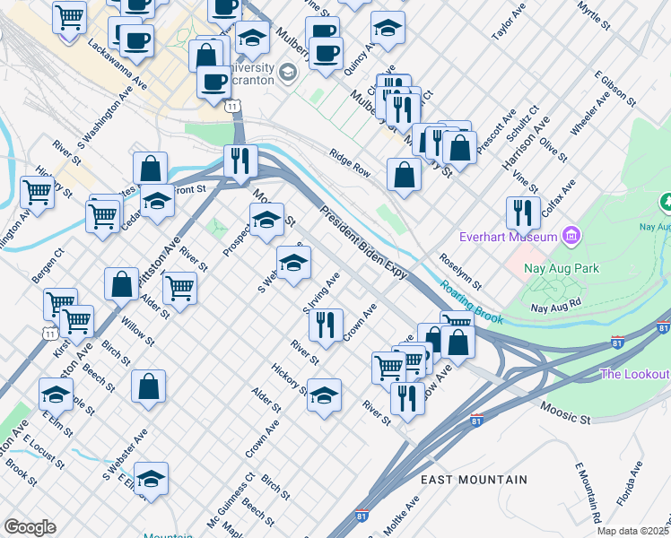 map of restaurants, bars, coffee shops, grocery stores, and more near 106 South Irving Avenue in Scranton